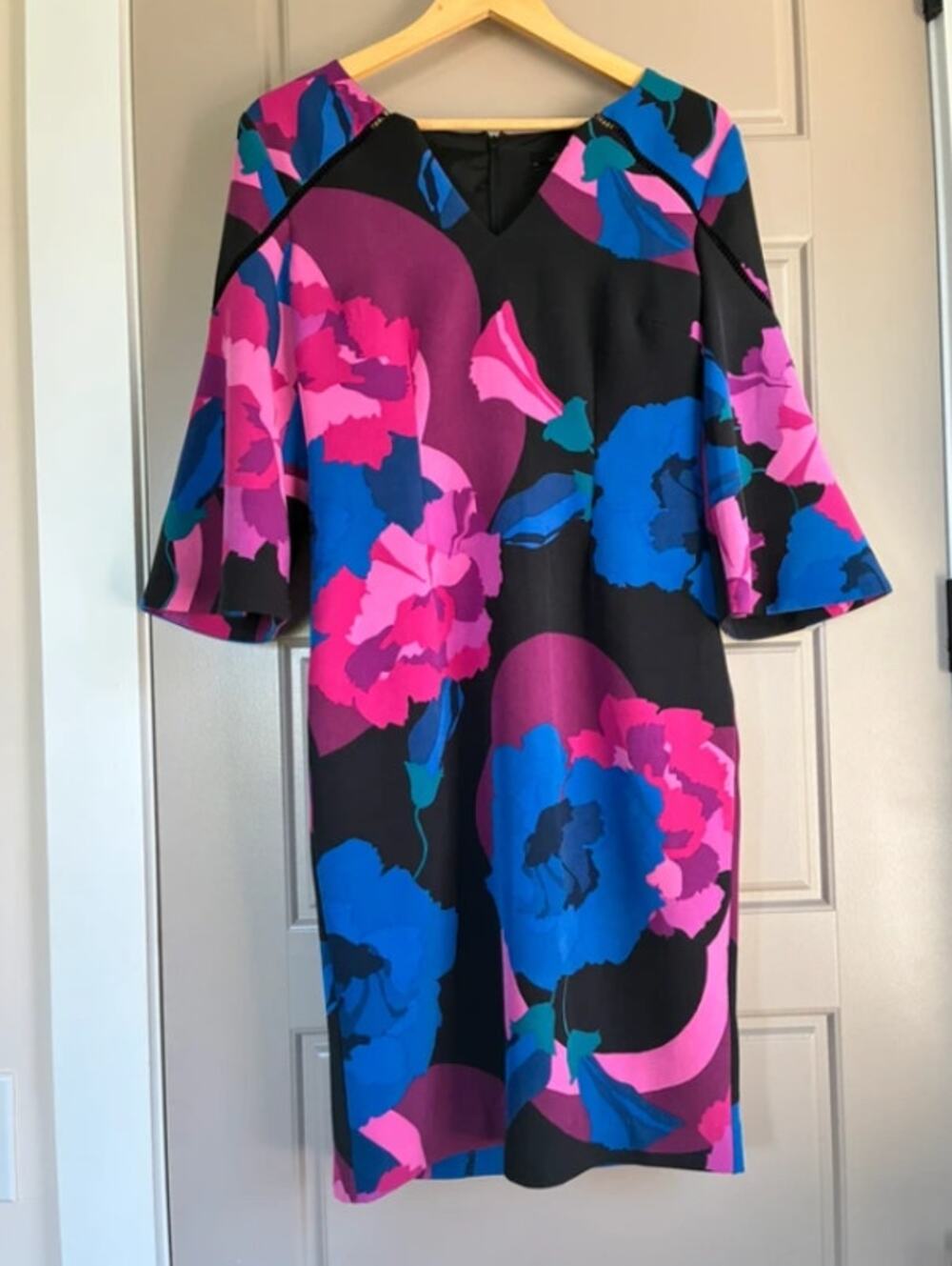 Trina Turk pink blue purple black abstract floral bell sleeve midi dress